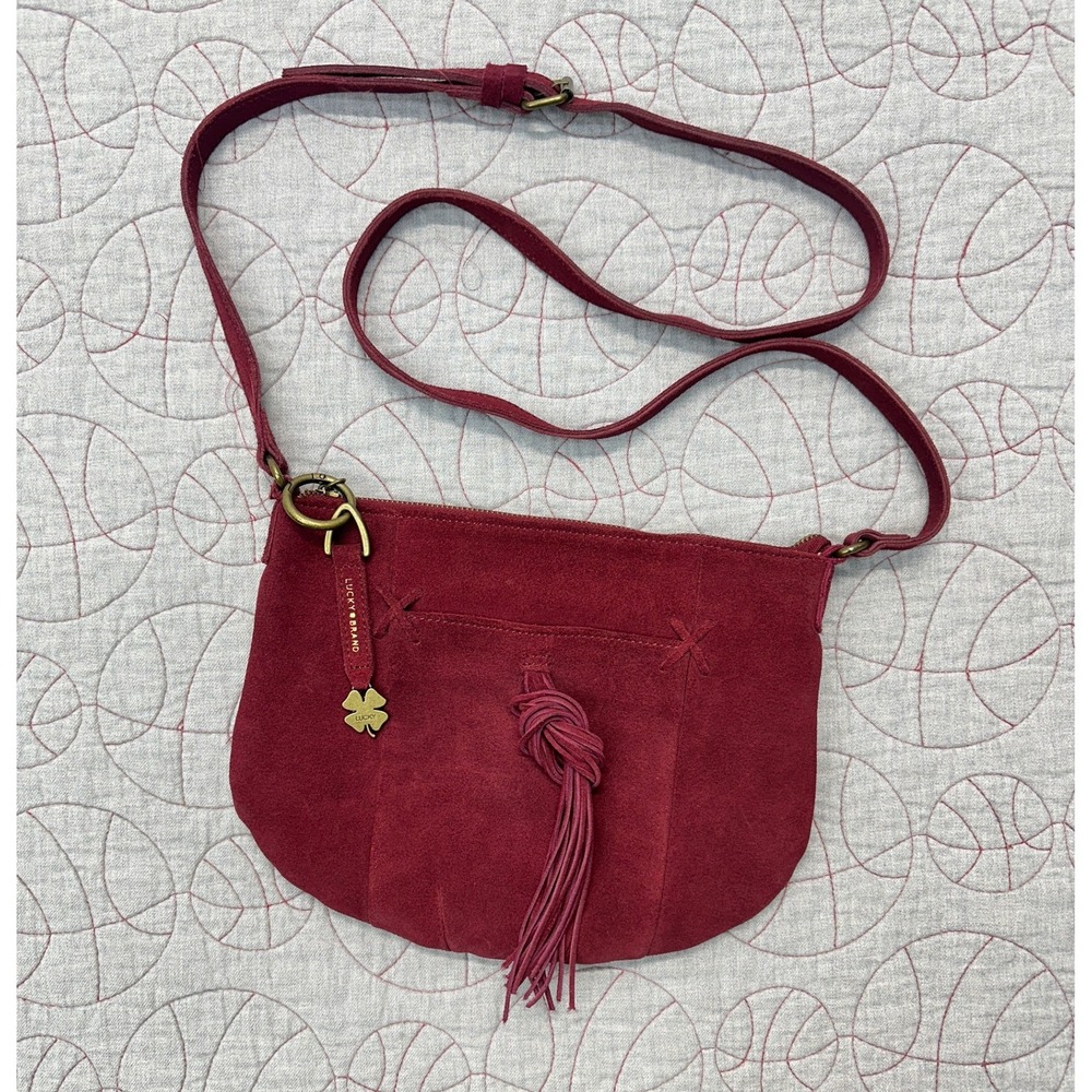Lucky Brand Crossbody Bag Burgundy Suede Tassel Clover
